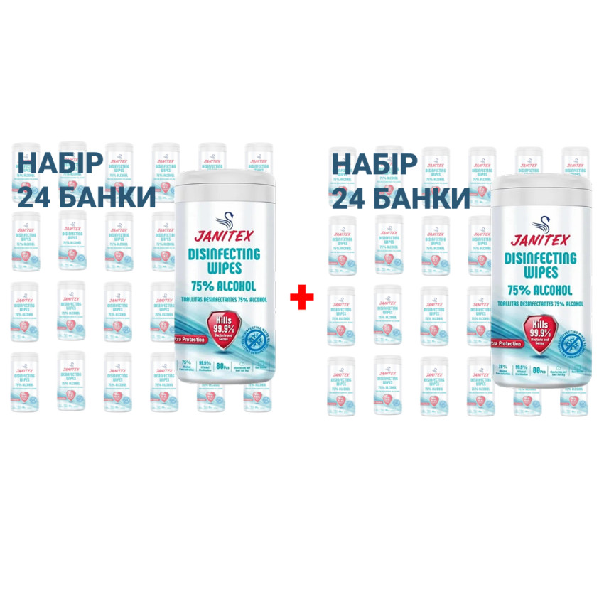 Спиртові серветки Janitex 75% (80 шт.) — Уцінка (порушена герметичність упаковки), 2 коробки 48 упаковок Спиртові серветки Janitex 75% (80 шт.) — Уцінка (порушена герметичність упаковки), 2 коробки 48 упаковок